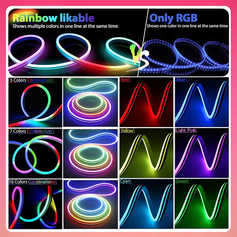 TUYA Neon LED Strip Lights 12-24V 84Leds/M Silicone Neon Rope Light with Music Sync RGBIC Dreamcolor Chasing Strip Tape for Room