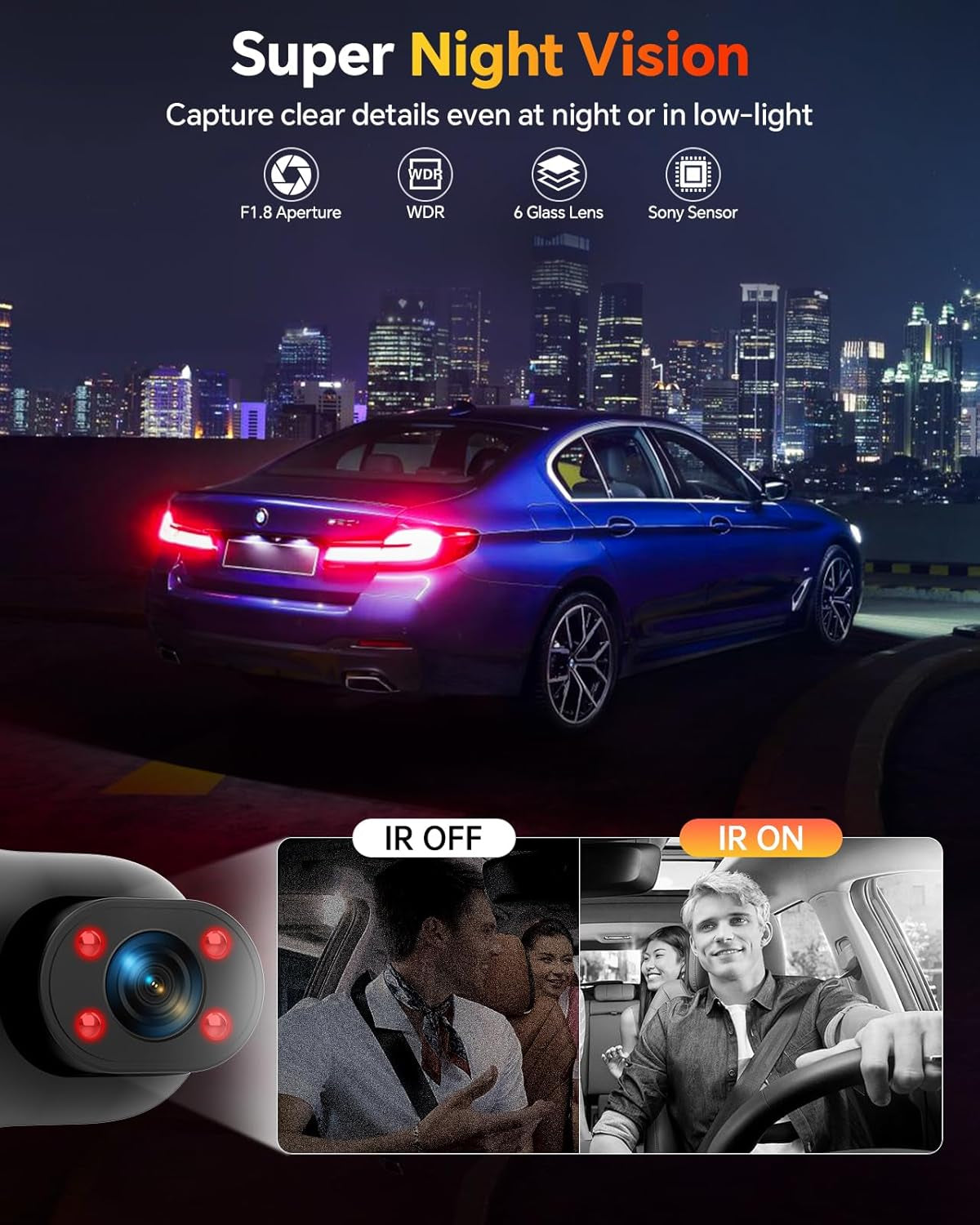 Dash Cam Front and Rear inside 3 Channel Dashcam for Cars 1080P with 64GB Card Adjustable Lens 3 Ways Triple Camera with Night Vision, G-Sensor, Loop Recording, Parking Monitor