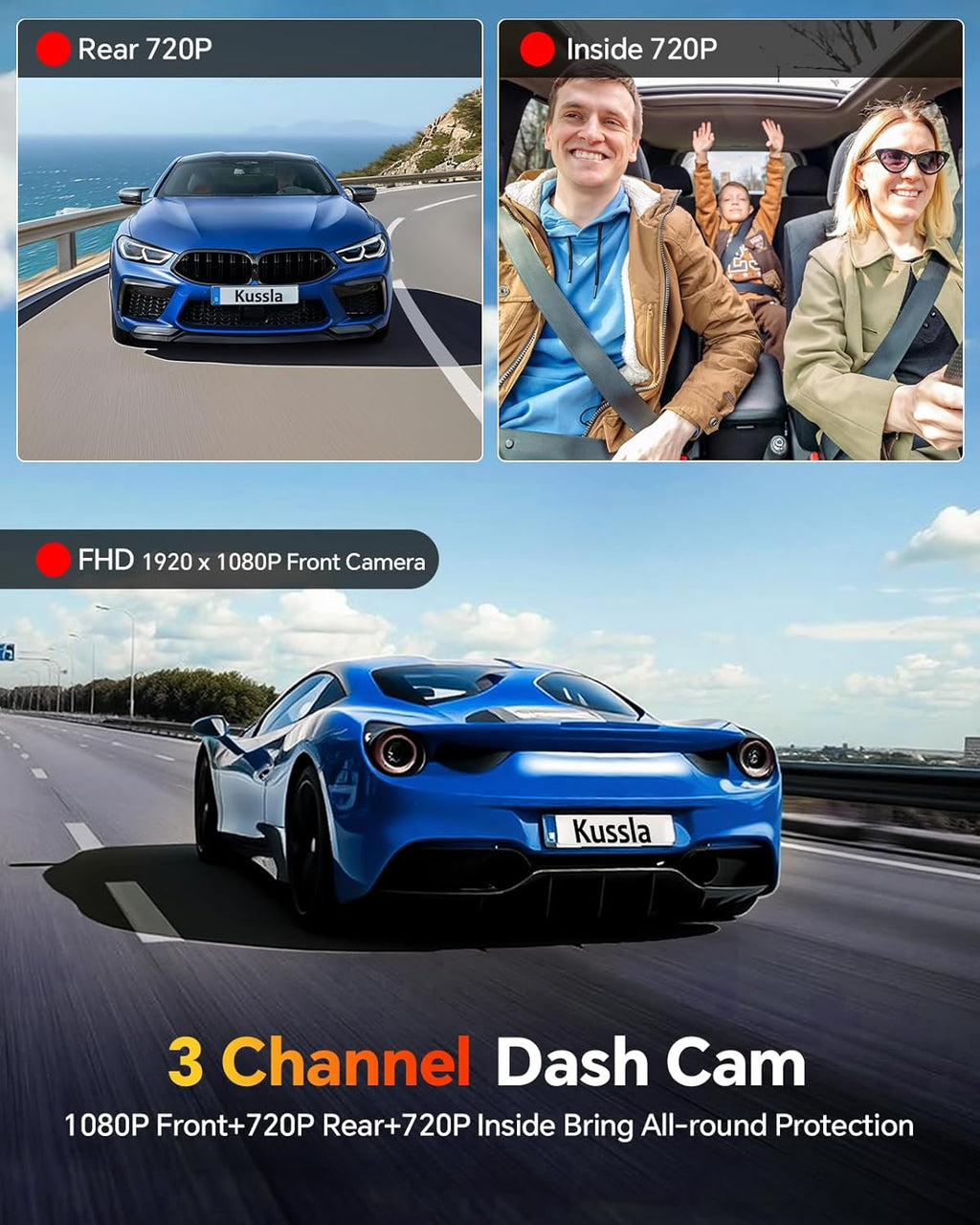 Dash Cam Front and Rear inside 3 Channel Dashcam for Cars 1080P with 64GB Card Adjustable Lens 3 Ways Triple Camera with Night Vision, G-Sensor, Loop Recording, Parking Monitor